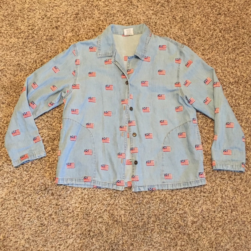 VINTAGE Jean button up shirt with American flags